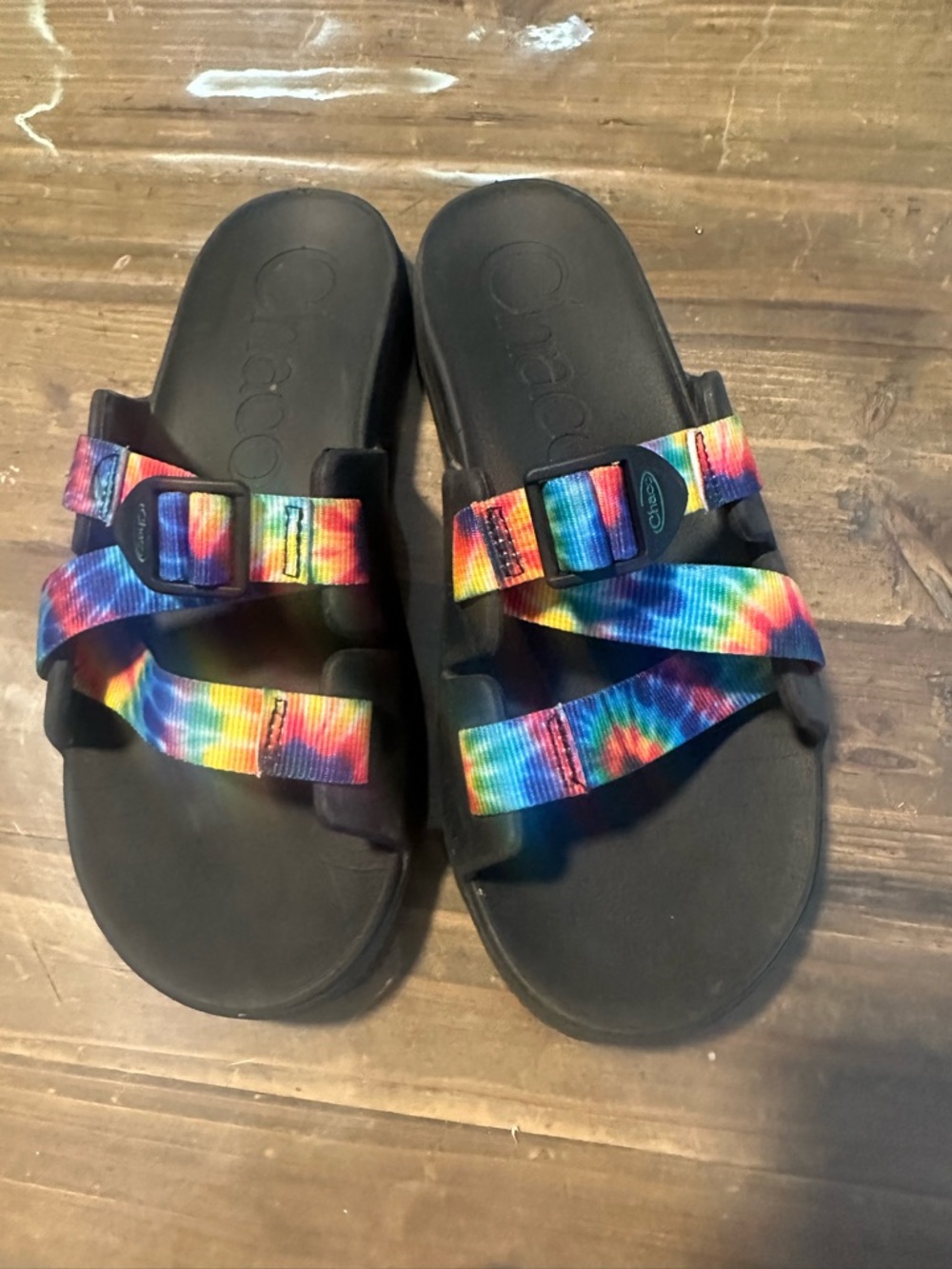 Chaco Women's Black Sandals with Rainbow Tie-Dye Straps size 6